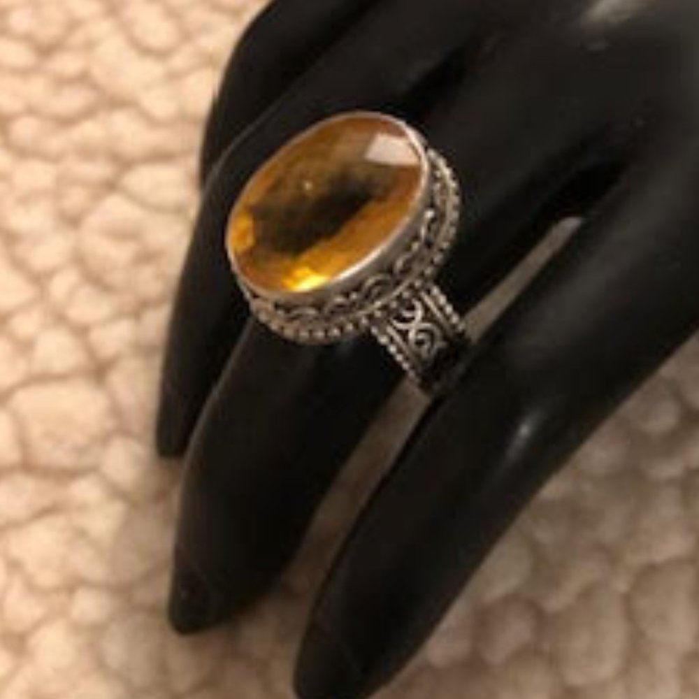 Yellow Topaz Ring Detailed Overlay on Band & Stone in raised setting - A Classic